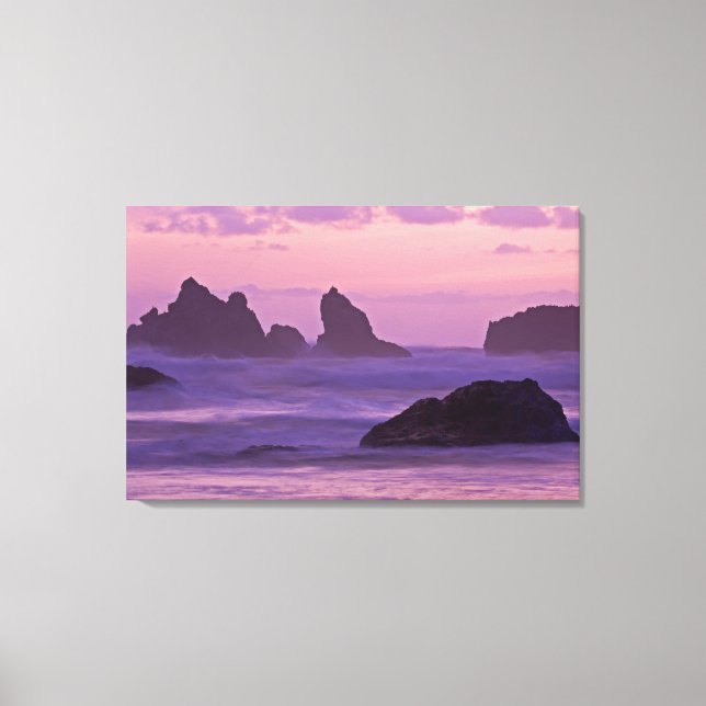 Lienzo Puesta de sol en Bandon Beach Sea Stacks. (Anverso)