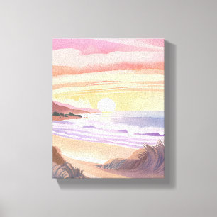 Lienzo Puesta de sol en el mar rosado   Pintura en acuare