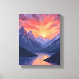 Lienzo Puesta de sol en la cordillera Paisaje de lago e