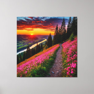 Lienzo Puesta de sol en la montaña escénica con flores si