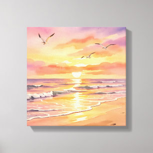 Lienzo Puesta de sol en la playa con pájaros
