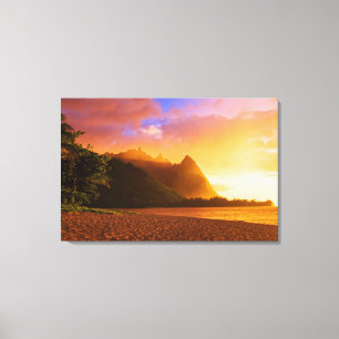 Lienzo Puesta de sol en la playa dorada, Hawaii