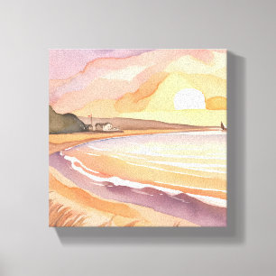 Lienzo Puesta de sol en la playa   Hermosa pintura en acu