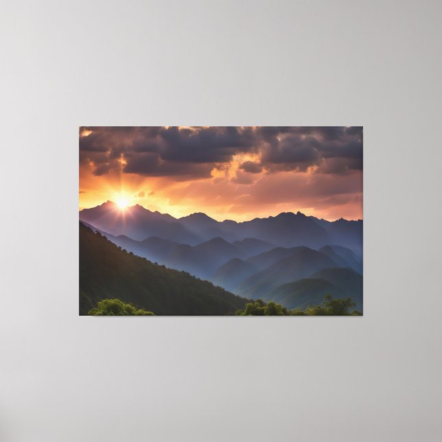 Lienzo Puesta de sol hermosa sobre las montañas (Anverso)