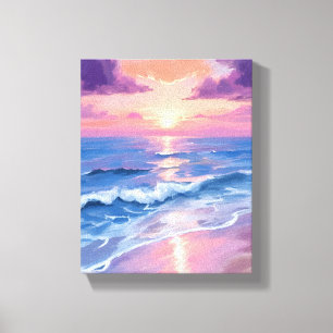 Lienzo Puesta de sol lavanda playa océano acuarela púrpur