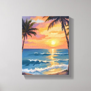 Lienzo Puesta de sol oceánica tropical en acuarela de pal