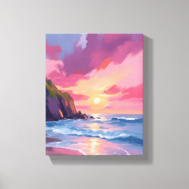Lienzo Puesta de sol rosa Océano Playa Olas Acuarela