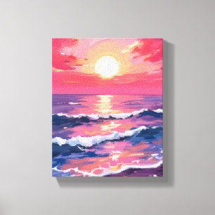 Lienzo Puesta de sol rosa olas de océano púrpura acuarela