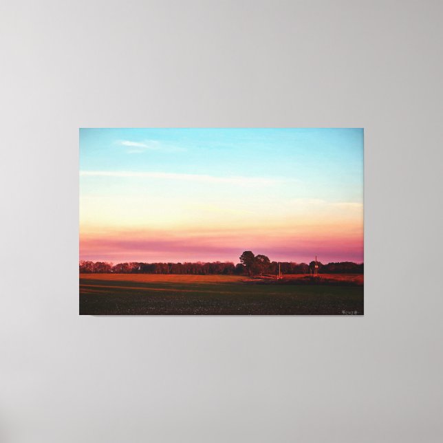 Lienzo Puesta de sol sobre campo verde (Anverso)