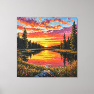 Lienzo Puesta de sol sobre el río del bosque tranquilo