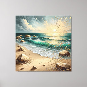 Lienzo Puesta de sol sobre olas del océano y costa rocosa