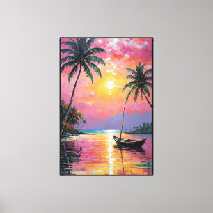 Lienzo Puesta de sol tropical con palmeras y barco abstra