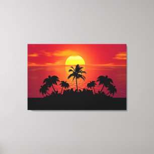 Lienzo Puesta de sol tropical palmeras silueta playa