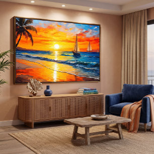 Lienzo Puesta de sol y pintura de veleros