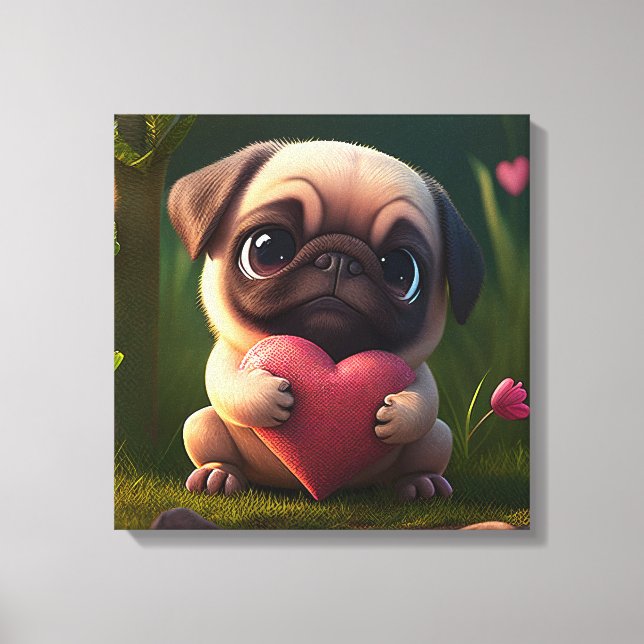 Lienzo Pug Cute con corazón (Anverso)