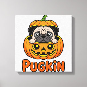 Lienzo Pugkin de Halloween, perro pug de calabaza