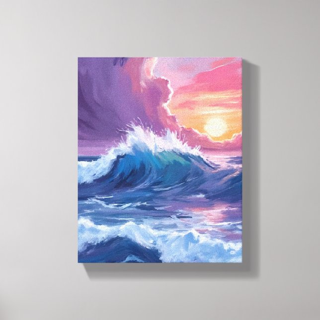 Lienzo Purple Ocean Waves Sunset Watercolor Painting (Anverso)