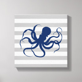 Lienzo Púrpura Azul Pulpo Gris y Rayas Blancas