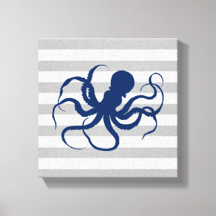 Lienzo Púrpura Azul Pulpo Gris y Rayas Blancas