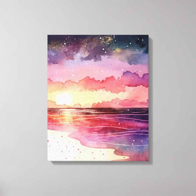 Lienzo Púrpura Watercolor Beach Sunset (Anverso)