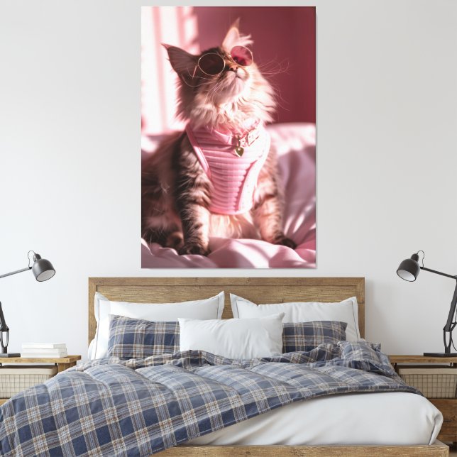 Lienzo Purrfección rosa: Moda de gato en estilo (Insitu(Dormitorio))