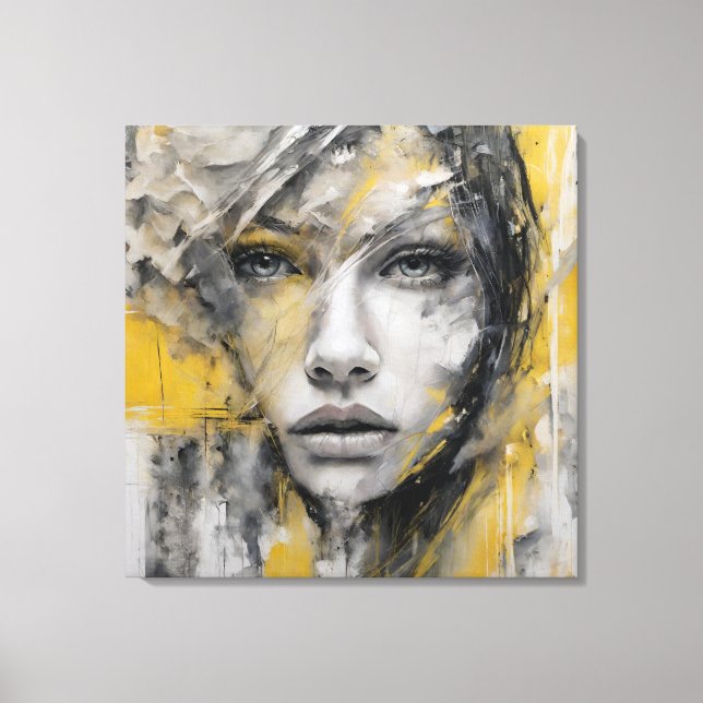 Lienzo Quadro abstrato rosto de mulher amarelo e cinza (Anverso)