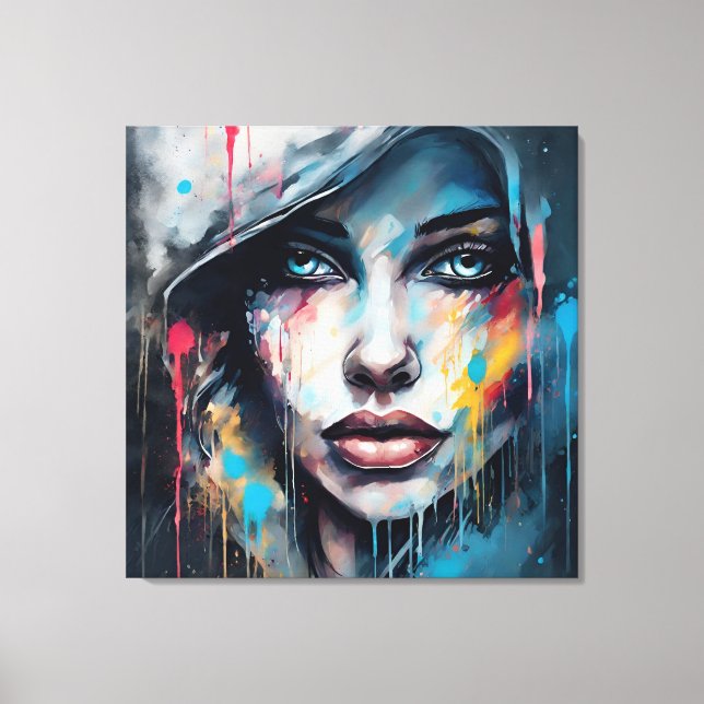 Lienzo Quadro abstrato rosto de mulher azul cinza etc... (Anverso)