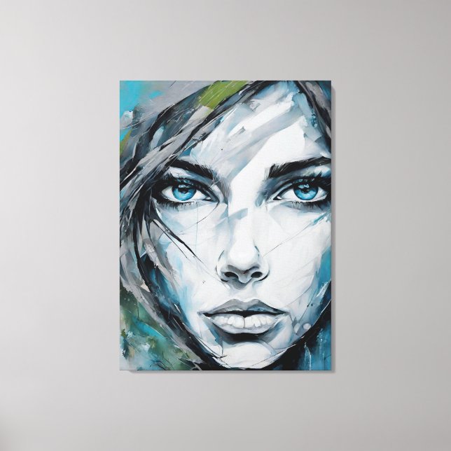 Lienzo Quadro abstrato rosto de mulher azul, cinza, preto (Anverso)