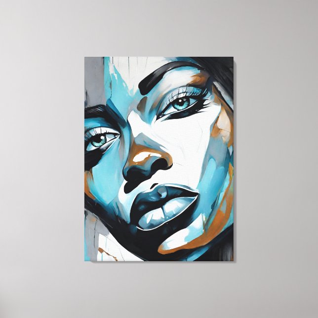 Lienzo Quadro abstrato rosto de mulher azul, cinza, preto (Anverso)