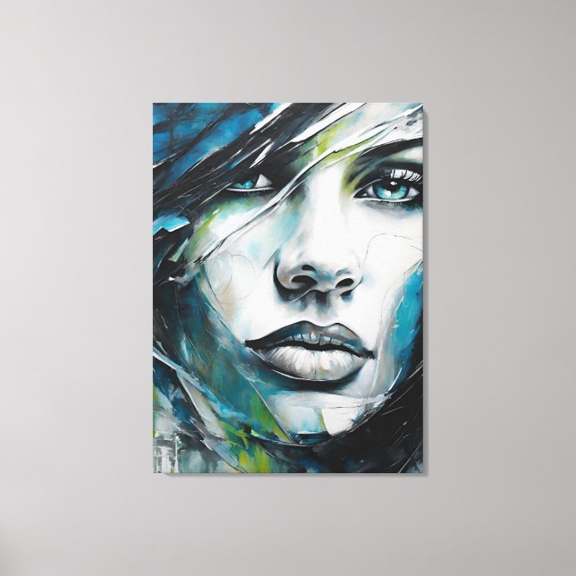Lienzo Quadro abstrato rosto de mulher azul, cinza, preto (Anverso)
