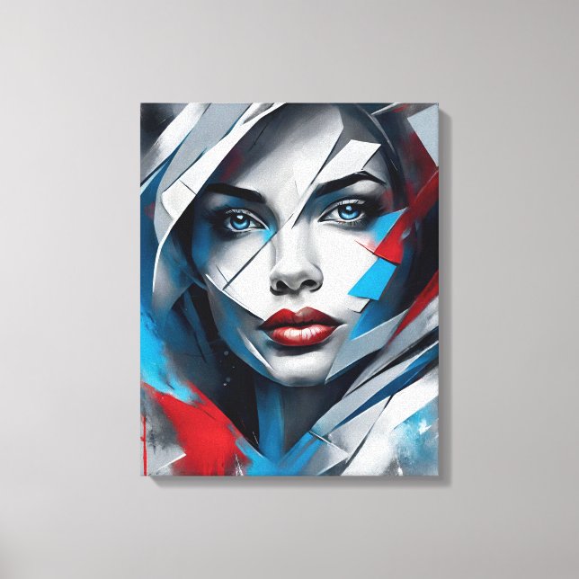Lienzo Quadro abstrato rosto de mulher vermelho azul cinz (Anverso)