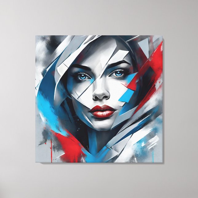 Lienzo Quadro abstrato rosto de mulher vermelho azul cinz (Anverso)