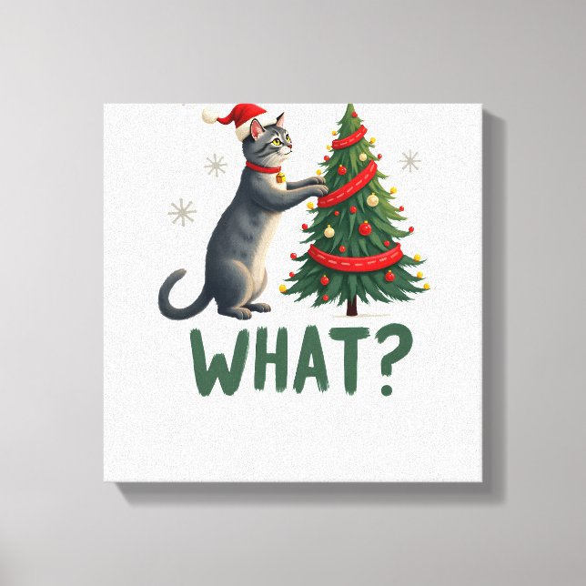 Lienzo Qué Gato Divertido Empujando Árbol de Navidad Sobr (Anverso)