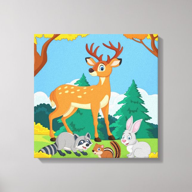 Lienzo Raccoon Chipmunk Rabbit Deer Fall Landsca (Anverso)