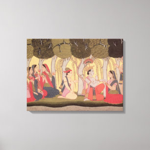 Lienzo Radha y Krishna asentados en una arboleda, Kulu