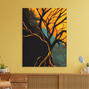 Lienzo Raíces Doradas y Árbol del Crepúsculo