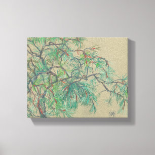 Lienzo "Rama de pino-árbol", dibujo pastel en tonos verde