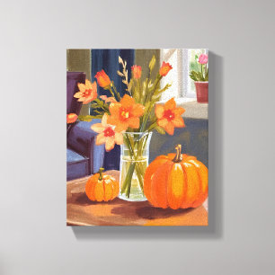 Lienzo Ramo de Calabazas de Otoño   Flores Naranjas Otoño