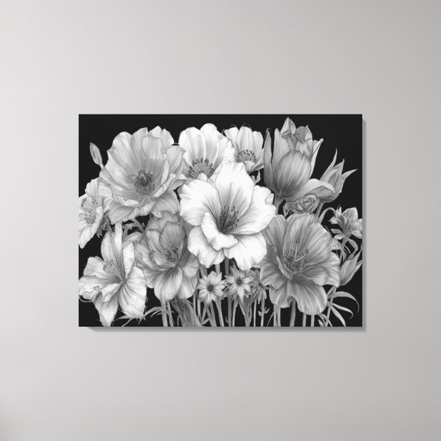 Lienzo Ramo De Flores Floreciendo En B+W en una Pared (Anverso)