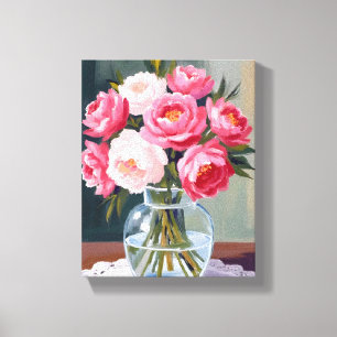 Lienzo Ramo de peonía Florero Floral Acuarela Rosa