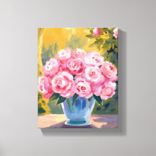 Lienzo Ramo de Rosas Rosadas   Jarrón Floral Acuarela