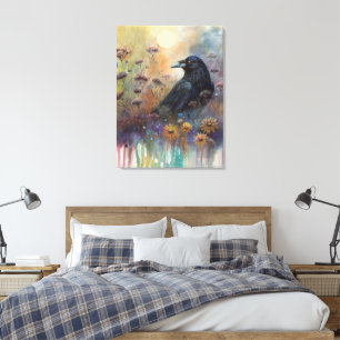 Lienzo Raven pintado a mano con flores silvestres