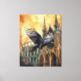 Lienzo Raven volador y catedral gótica medieval