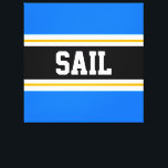 Lienzo Rayas de Carreras amarillo blanco negro brillante<br><div class="desc">Este colorido diseño deportivo presenta texto en negrita en forma de SAIL dentro de una amplia franja central horizontal negra con rayas de carreras blancas y amarillas doradas contra rayas exteriores de color azul brillante. El texto se puede personalizar.</div>