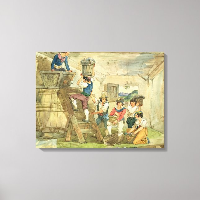 Lienzo Recolectores de uva transportando uvas a la prensa (Anverso)