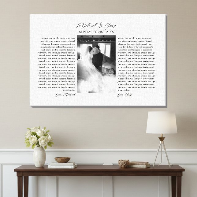 Lienzo Recuerdo de votos de boda personalizados con foto (Personalized Wedding Vows Photo Keepsake Canvas Print)