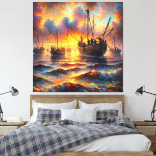 Lienzo Recuperación de fuego de pescadores al atardecer