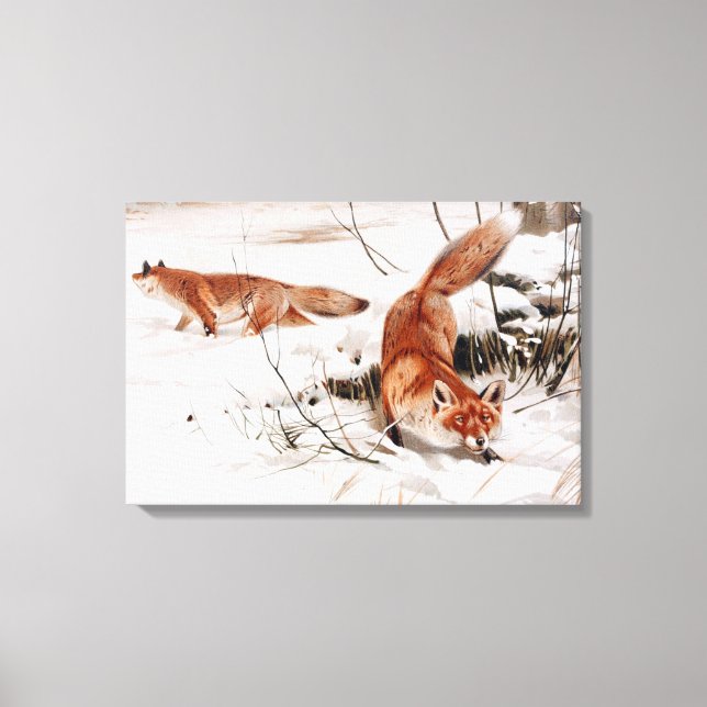 Lienzo Red Foxes in the Winter Snow (by Wilhelm Kuhnert) (Anverso)
