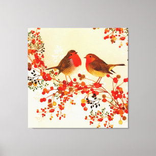 Lienzo Red Gold Winter Birds Holly Berry Branches