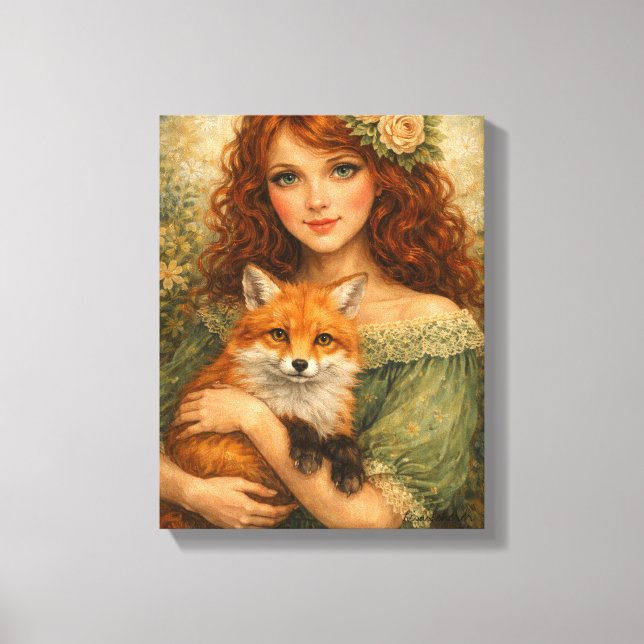 Lienzo Red-Haired Girl Holding a Fox Woodland Fantasy (Anverso)